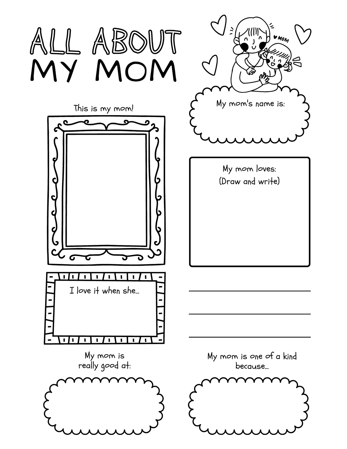 All About My Mom printable with picture frame, writing prompts, and sweet keepsake questions for kids