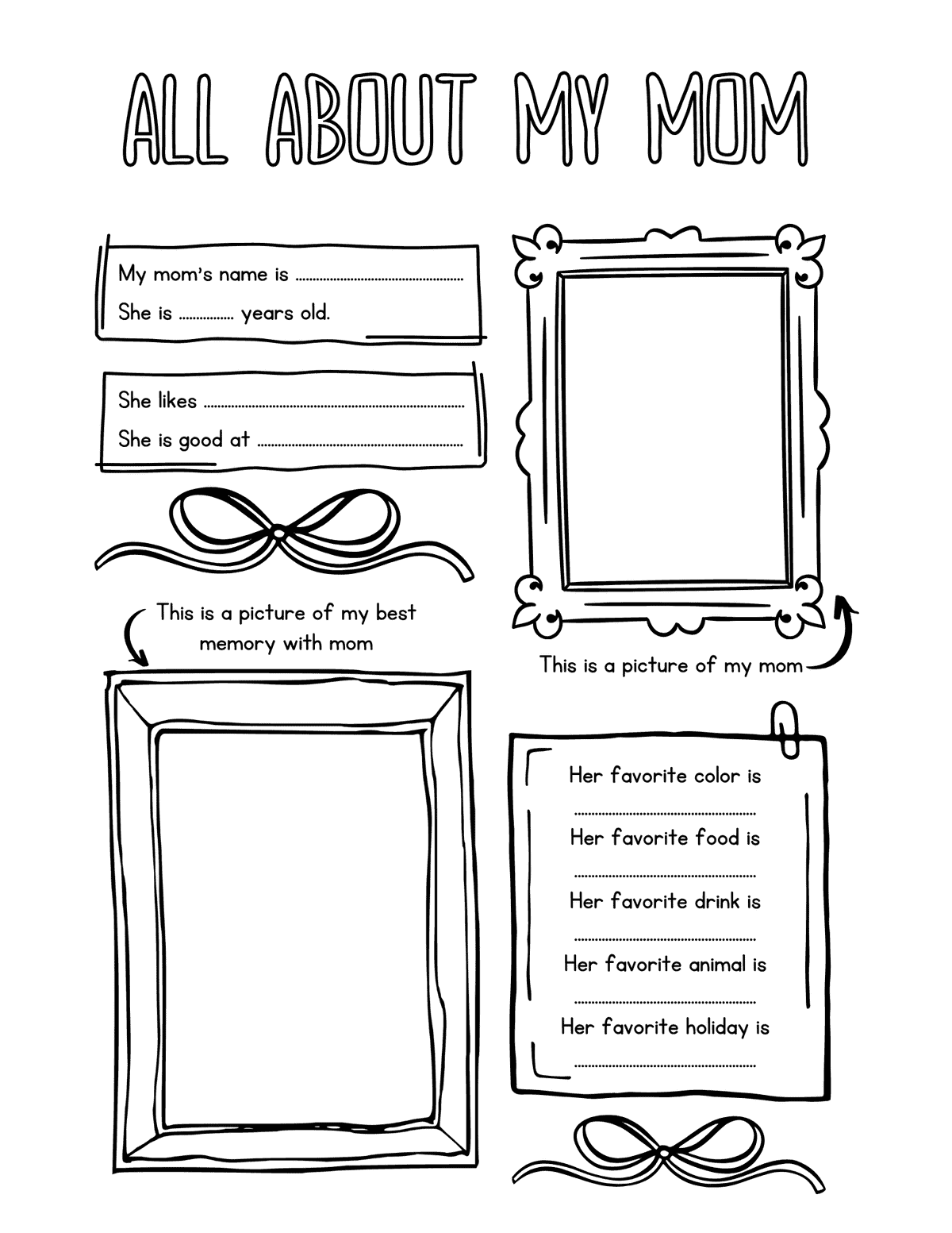 All About My Mom printable worksheet with favorite memory, favorite color, food, drink, animal, and holiday questions
