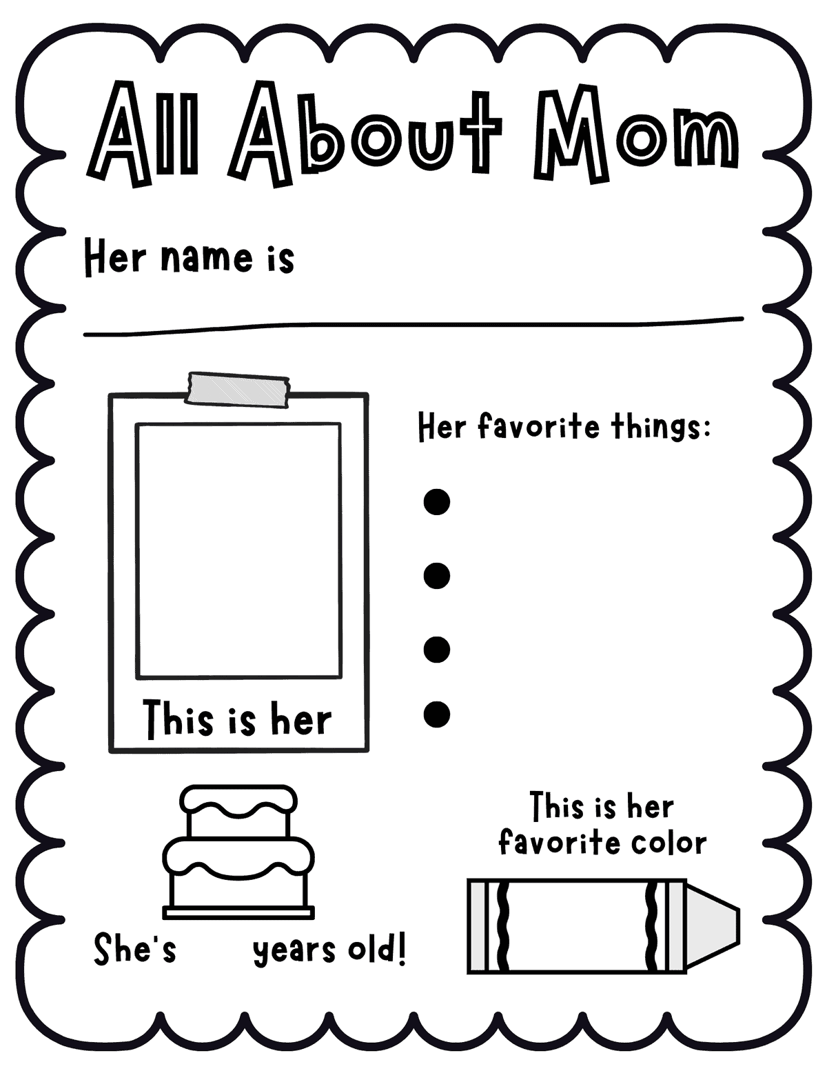 Simple printable for younger kids kids with name, age, favorite things, favorite color, and picture box