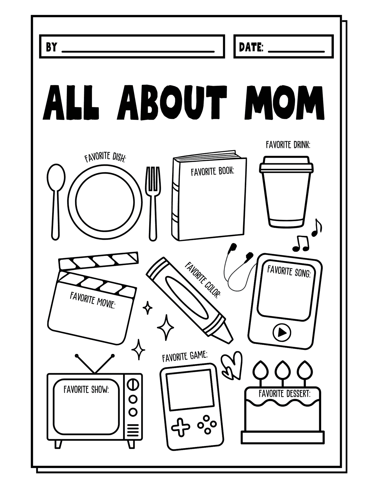 questionnaire with favorite dish, book, drink, movie, song, show, and dessert prompts