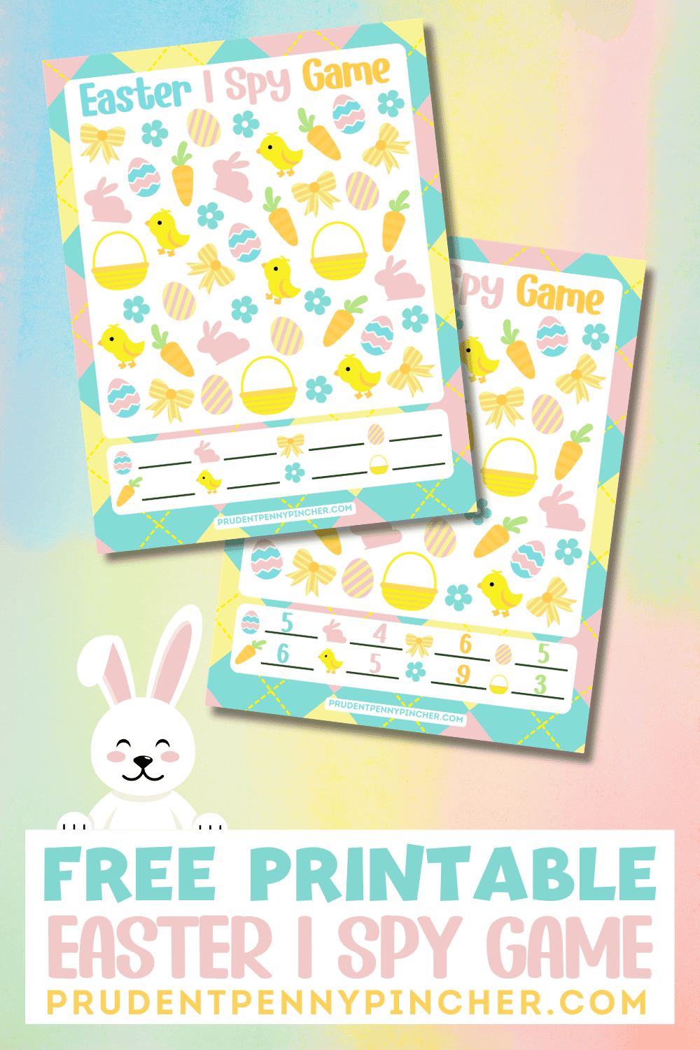 free printable Easter I Spy game page and answer key on a pastel colored background.