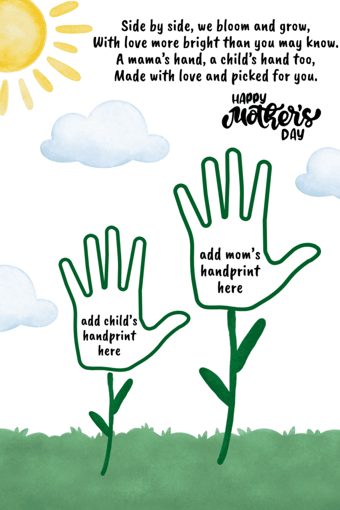 Mom and child handprint flower template with outlined hands.