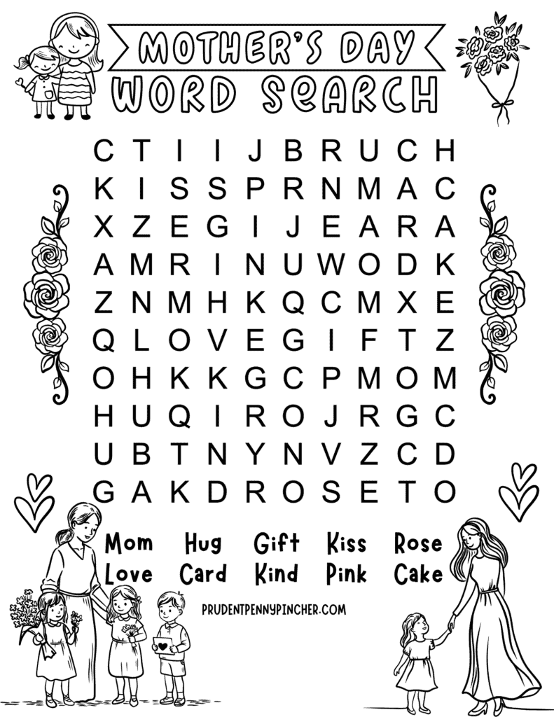 easy word search printable with flowers, hearts, and family coloring page border
