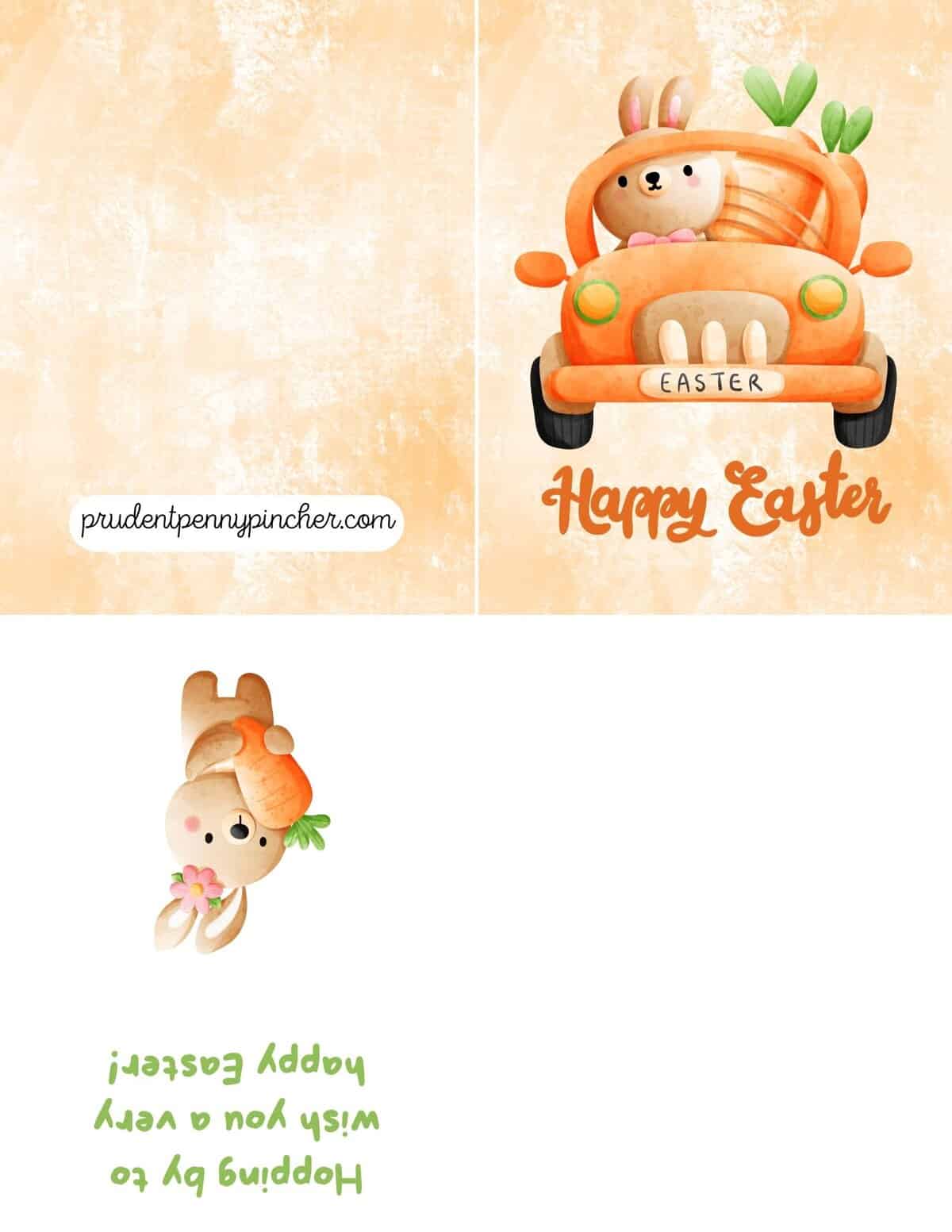 bunny driving a carrot car and holding carrot