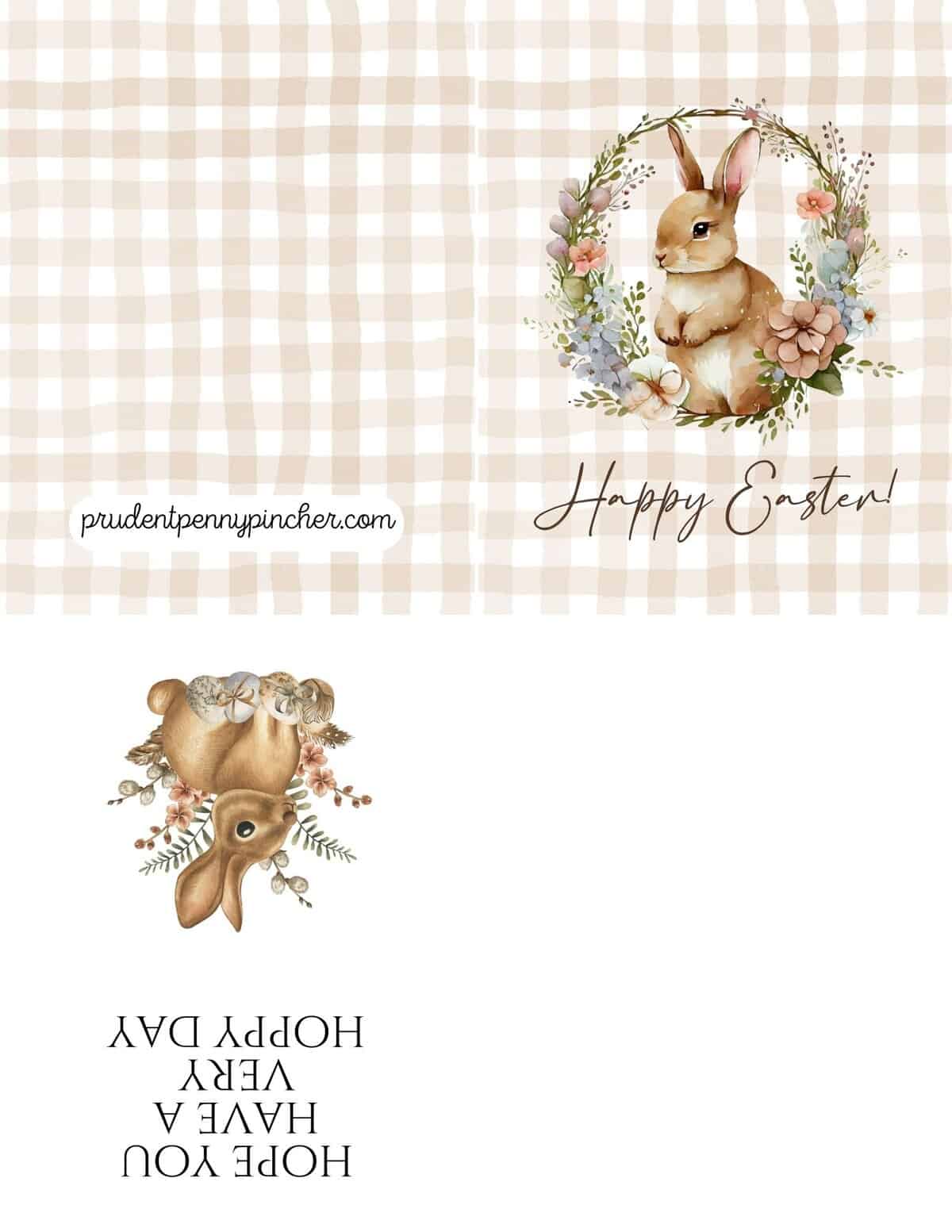 bunny card with floral wreath and neutral plaid background