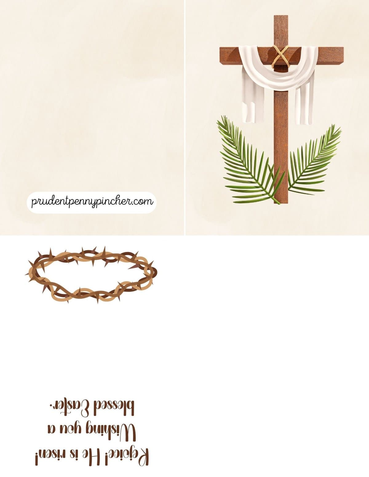 Christian Easter card printable with cross, white cloth, and palm leaves