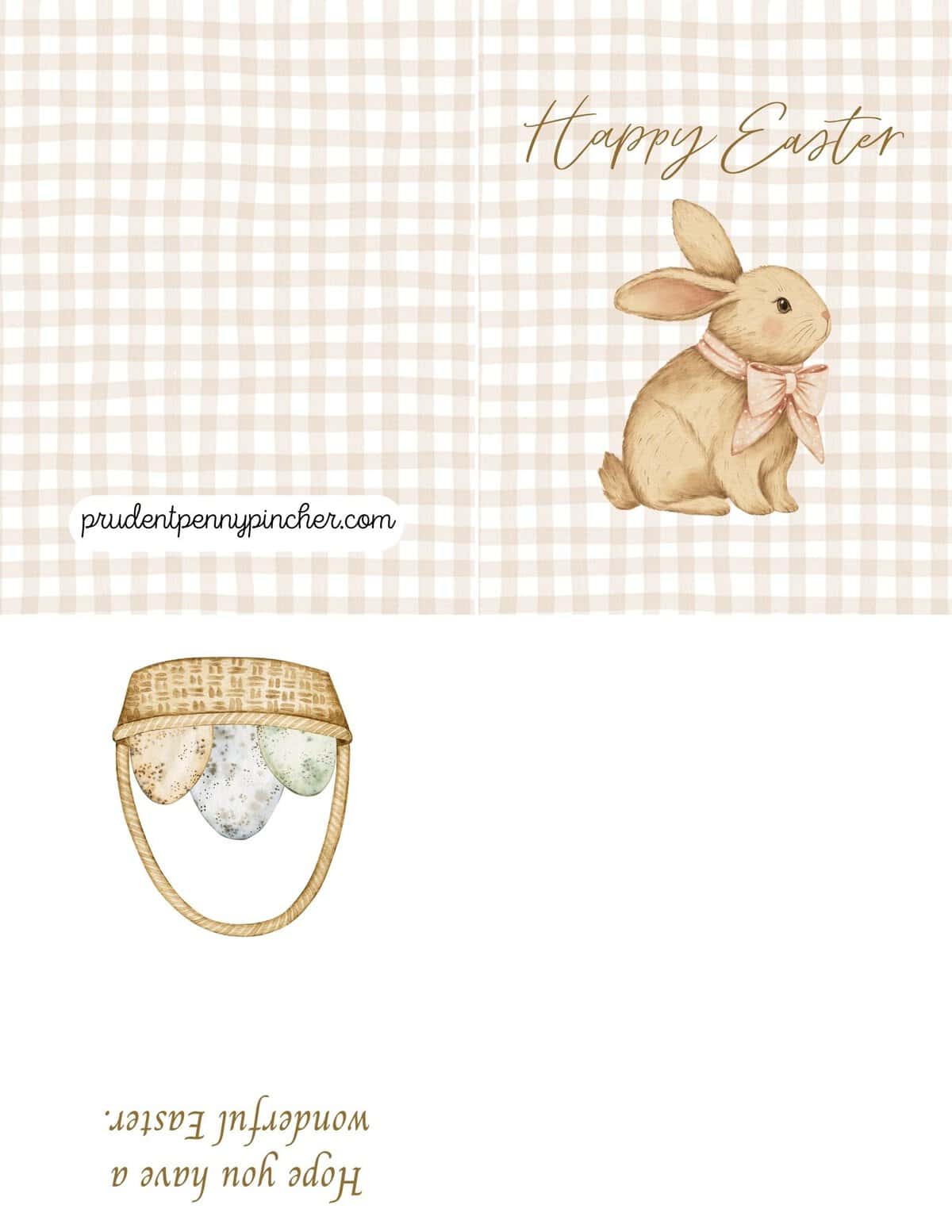 Easter bunny card with pink bow and beige plaid background