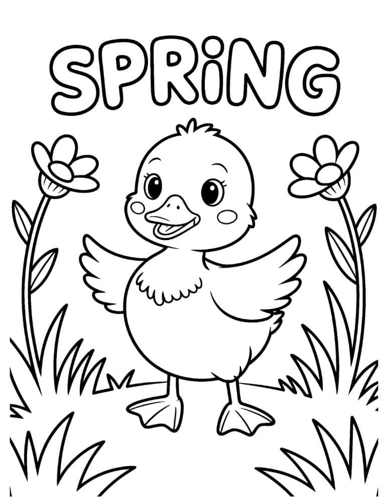 happy duckling between flowers and grass