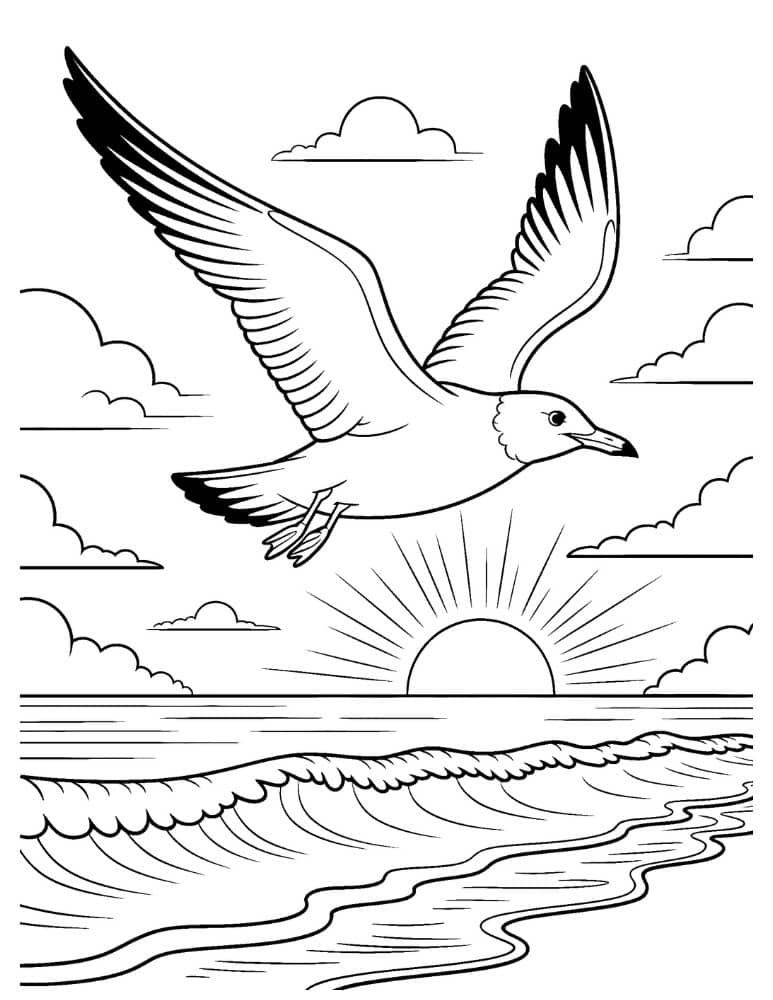 sea bird flying over ocean waves at sunset
