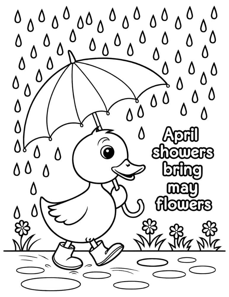 duck in rain boots holding an umbrella and the words April showers bring may flowers