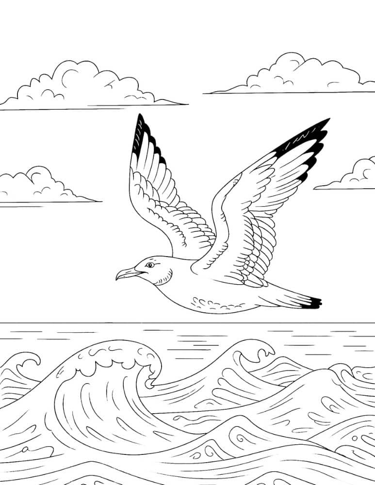 seagull flying over ocean waves and clouds