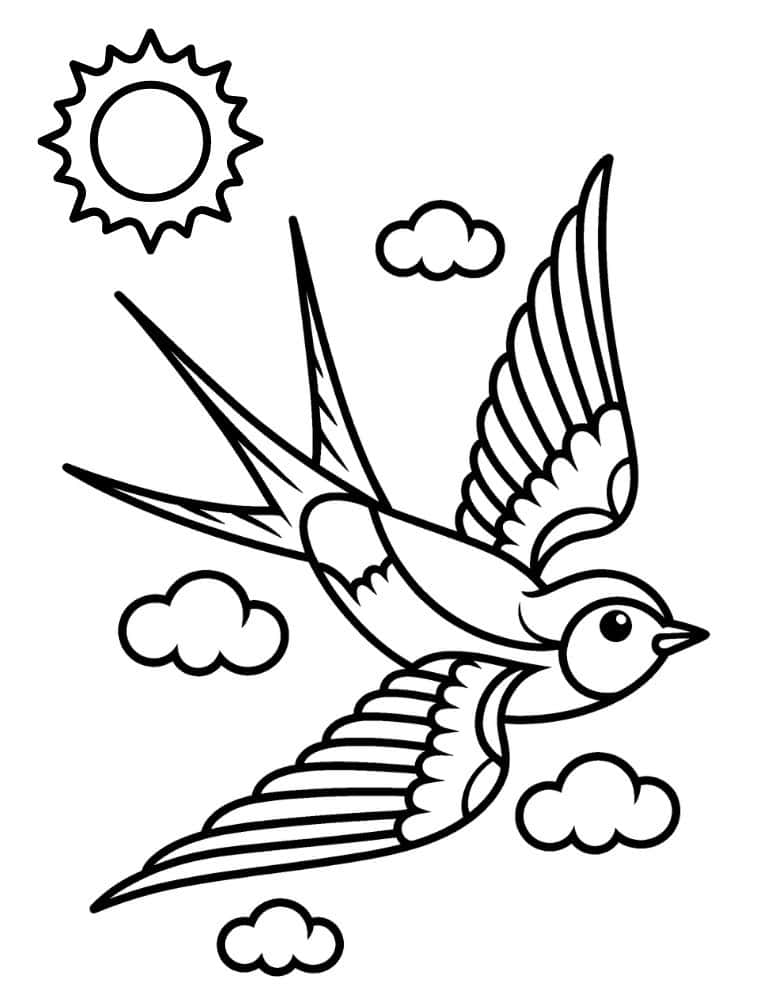 flying swallow, clouds, and a sun