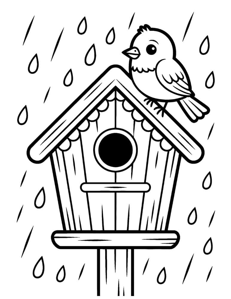 Birdhouse coloring page in the rain