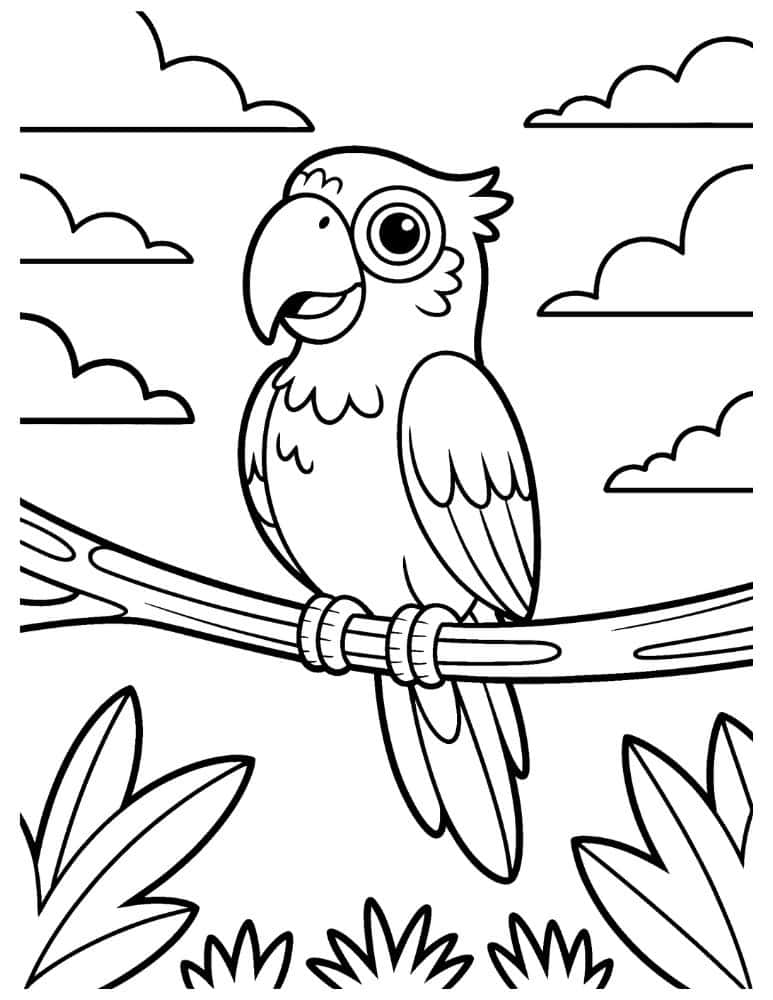 parrot on a branch with clouds and leaves