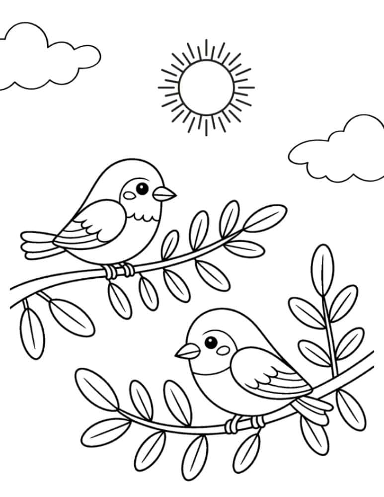coloring page with two birds sitting on leafy branches