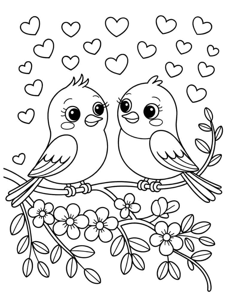 coloring page with two birds on a flowering branch