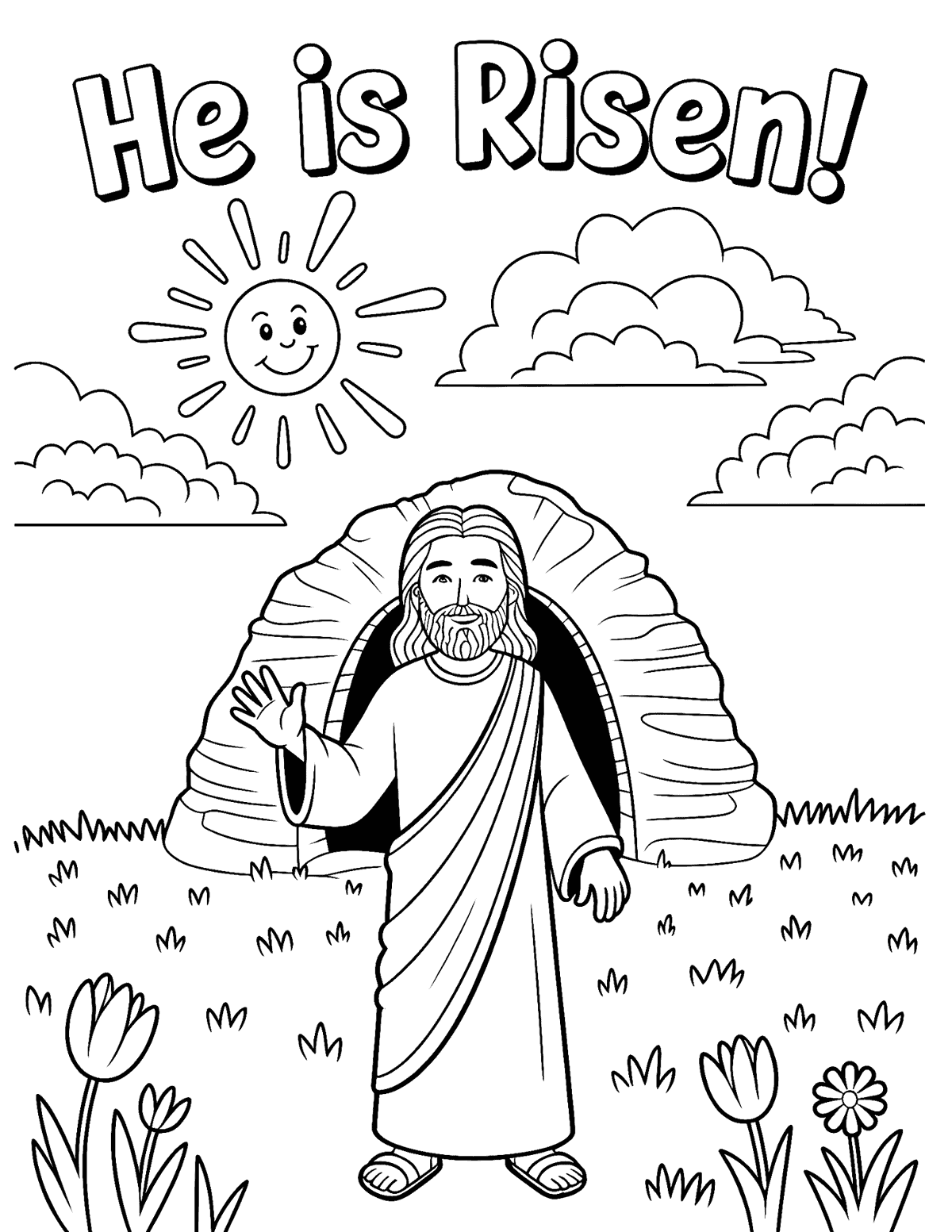 Jesus in Front of the Tomb Religious Easter Coloring Page