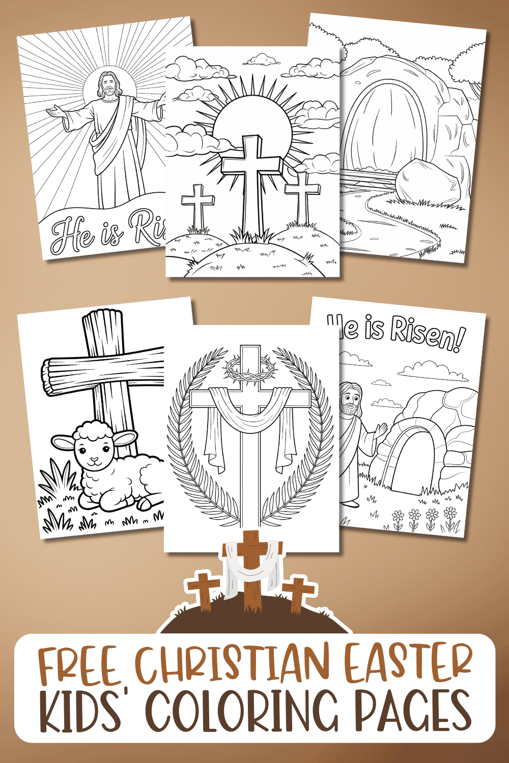 Free Christian Easter kids coloring pages printable collage featuring Jesus, crosses, the empty tomb, and lamb-themed religious Easter coloring sheets for kids.