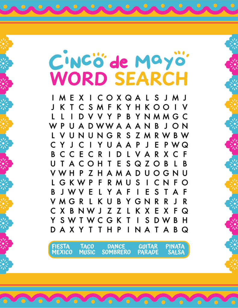 Easy printable Cinco de Mayo word search for kids