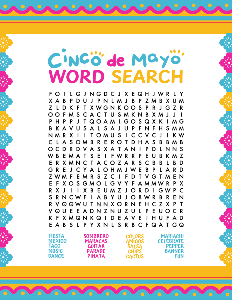 printable Cinco de Mayo word search for older kids and adults
