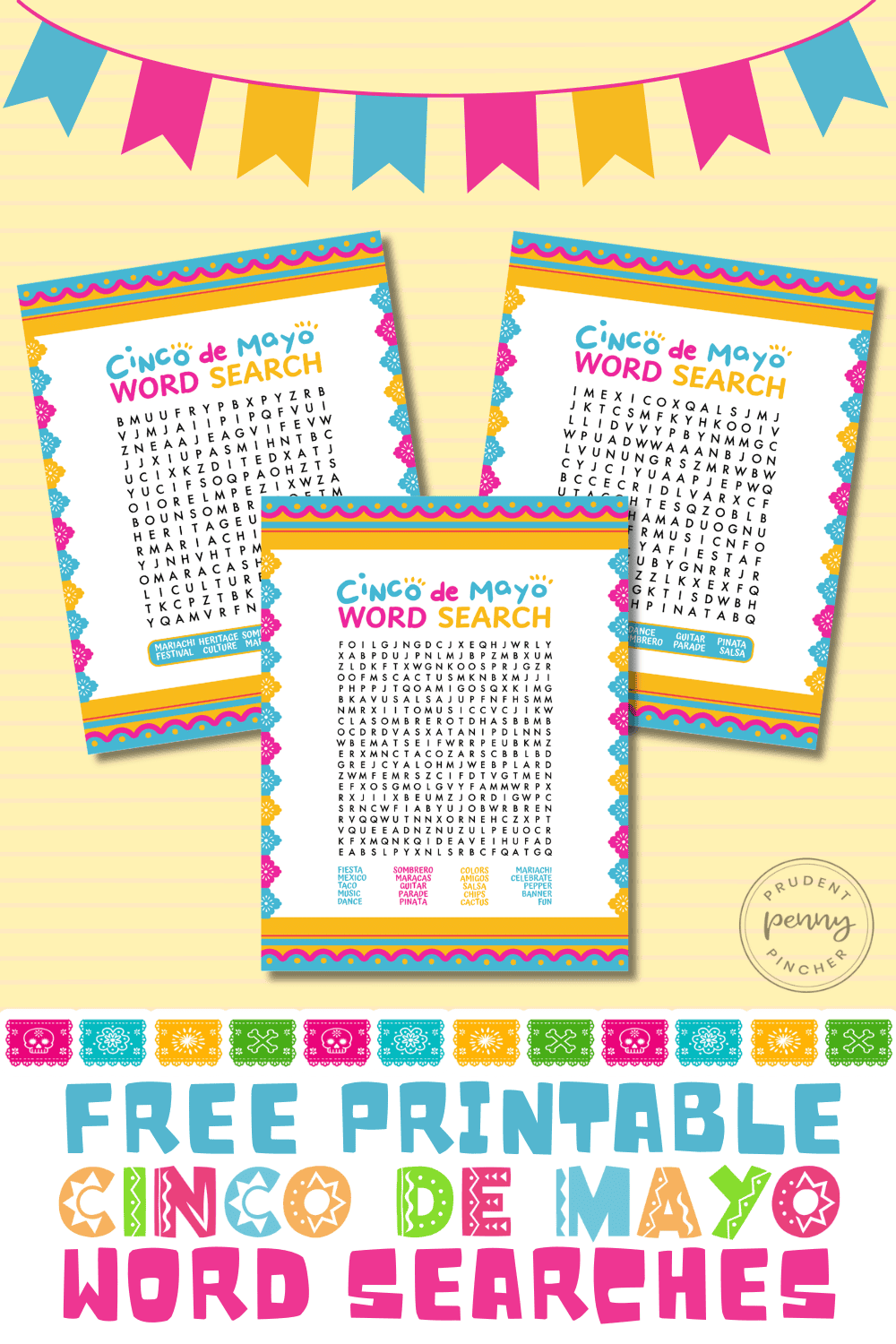Free printable Cinco de Mayo word searches for kids featuring easy, medium, and hard puzzle pages.