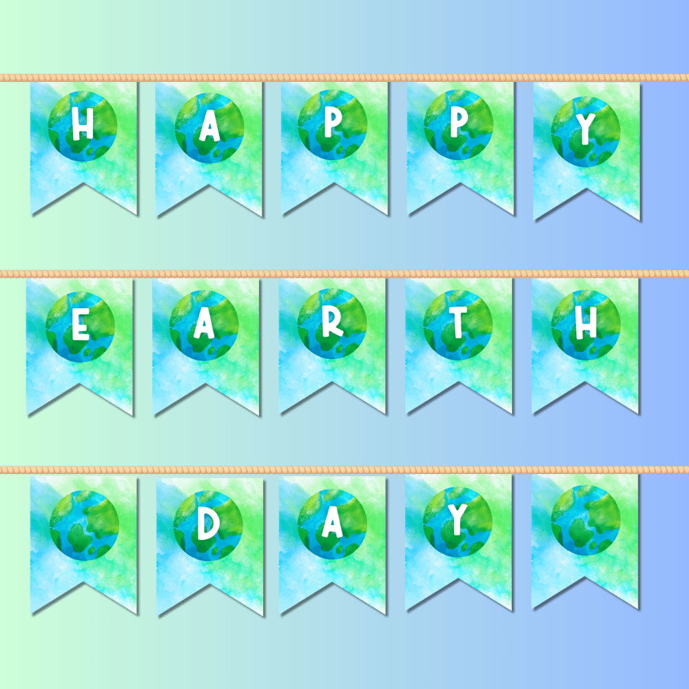 Free printable Earth Day banner with watercolor globe pennants spelling &ldquo;HAPPY EARTH DAY&rdquo; on a soft blue and green background with rope string.
