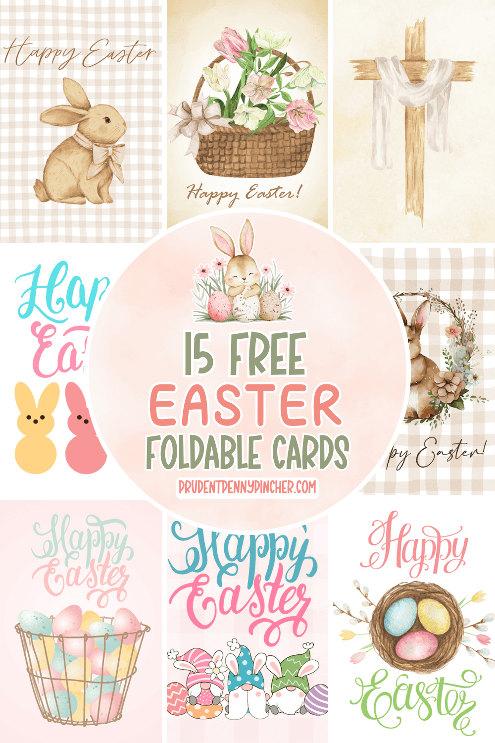 free printable foldable Easter cards featuring bunnies, pastel eggs, spring florals, gnomes, and religious cross designs