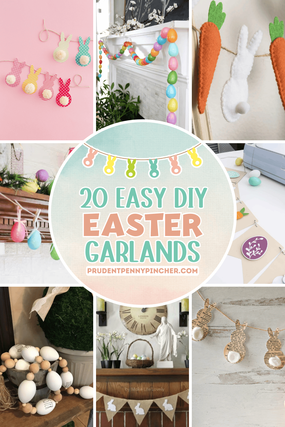 Collage of DIY Easter garlands and banners with bunny, carrot, and pastel egg decorations.