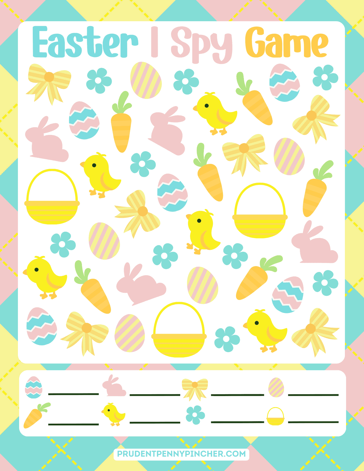 easter I spy game worksheet with chicks, bunnies, eggs, carrots, flowers, bows, and baskets