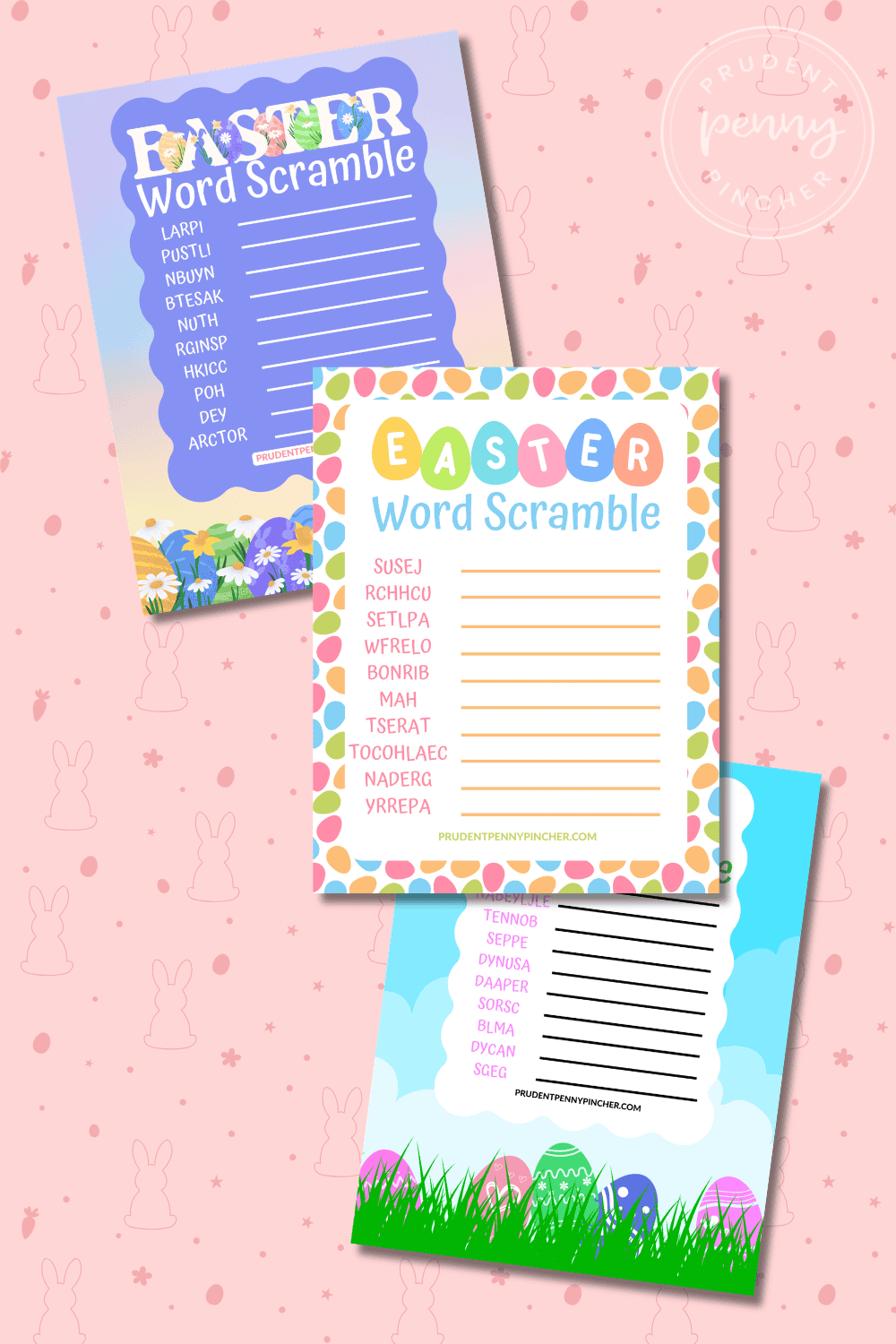three free printable games with pastel Easter designs on a pink bunny-pattern background