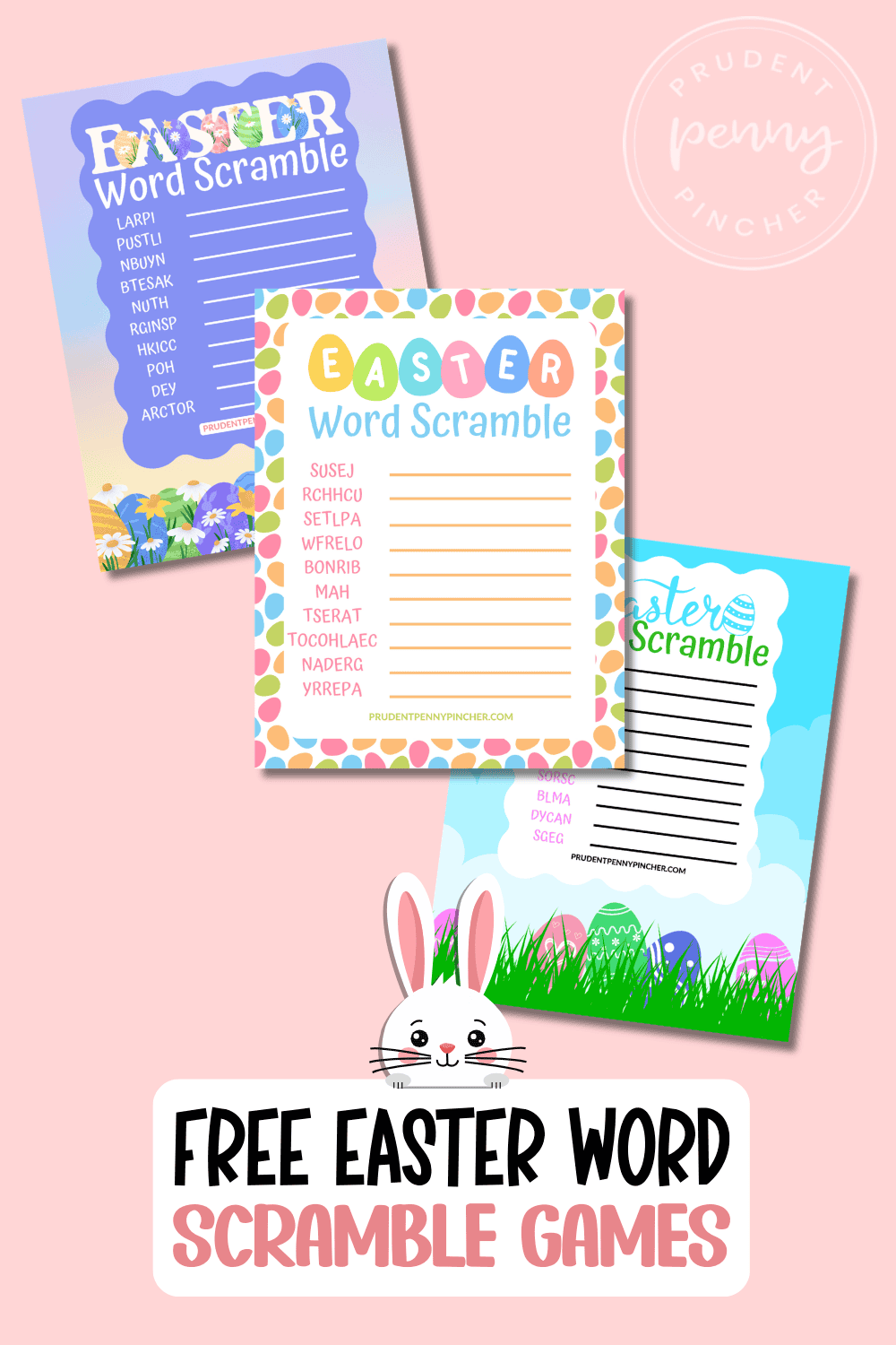 three free printable Easter word scramble games on a pink background with a bunny.