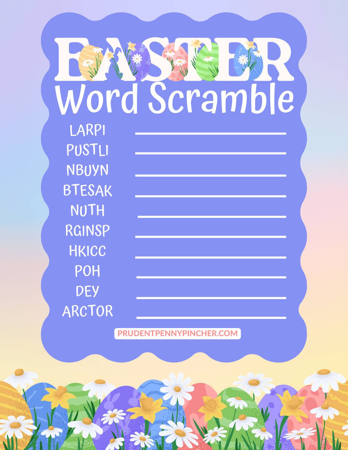 pastel floral eggs, spring flowers, and 10 scrambled Easter words