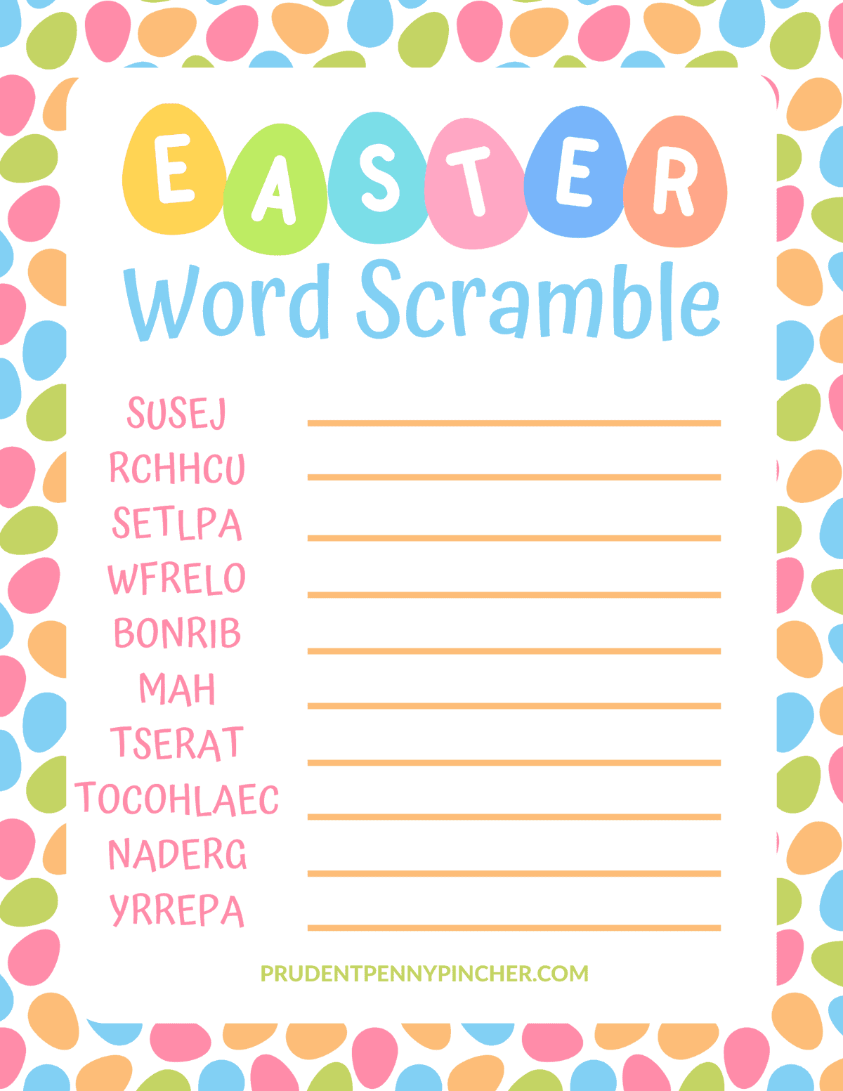 colorful egg border and 10 scrambled Easter-themed words