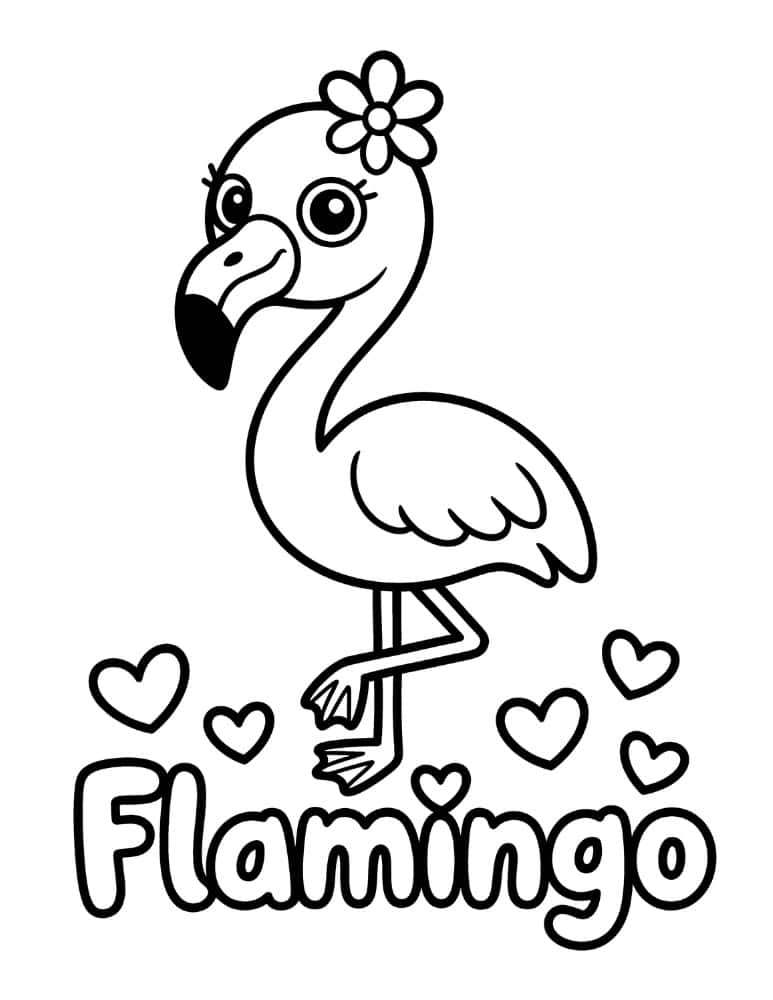 Cute flamingo coloring page with flower, hearts, and bubble word art