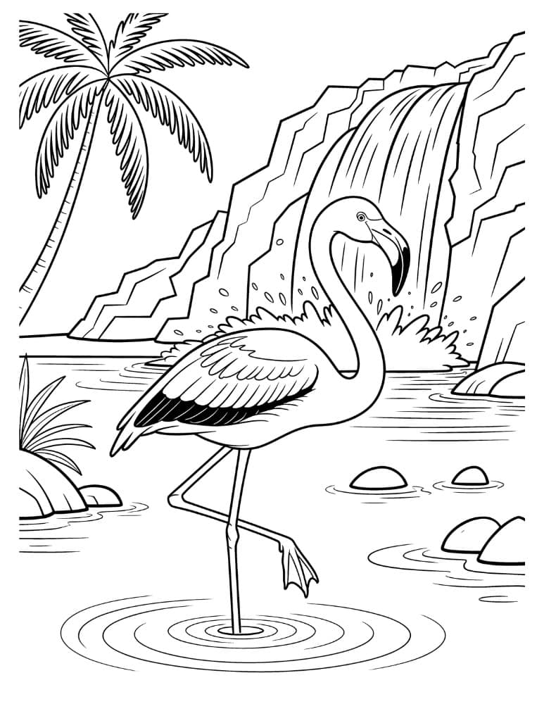 Waterfall coloring page with rocks and a palm tree