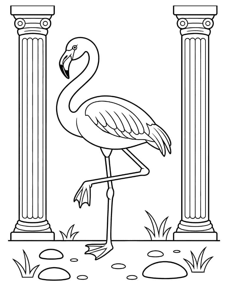 Flamingo standing between tall columns