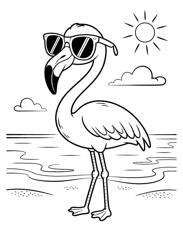 Beach scene with flamingo wearing sunglasses by the water