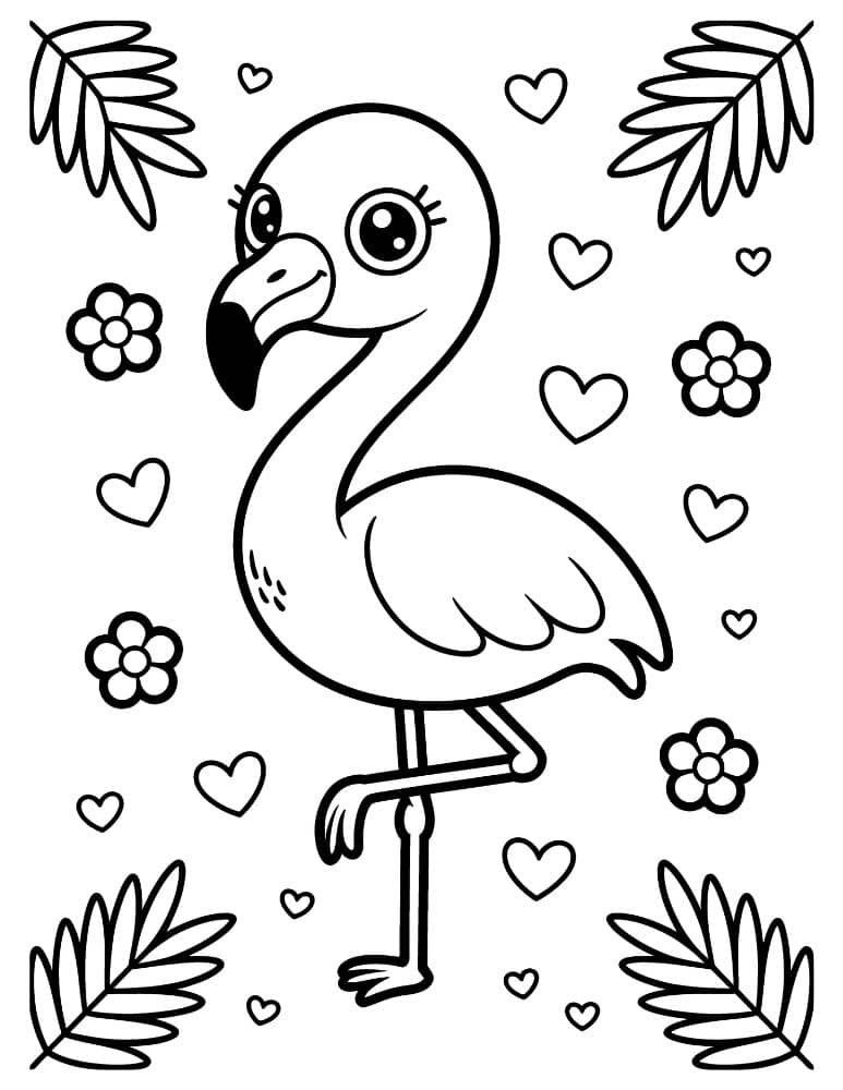 coloring page with flowers, hearts, and leafy details