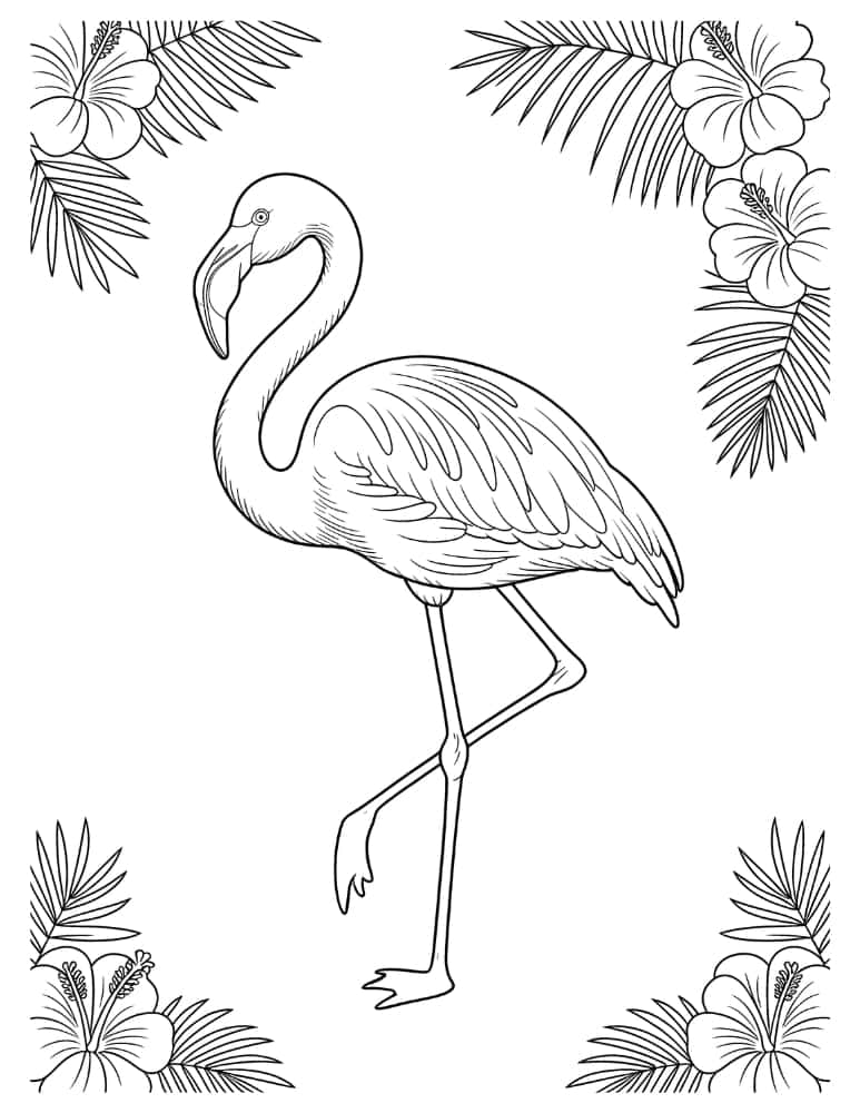 Flamingo outline framed by hibiscus blooms and palm leaves