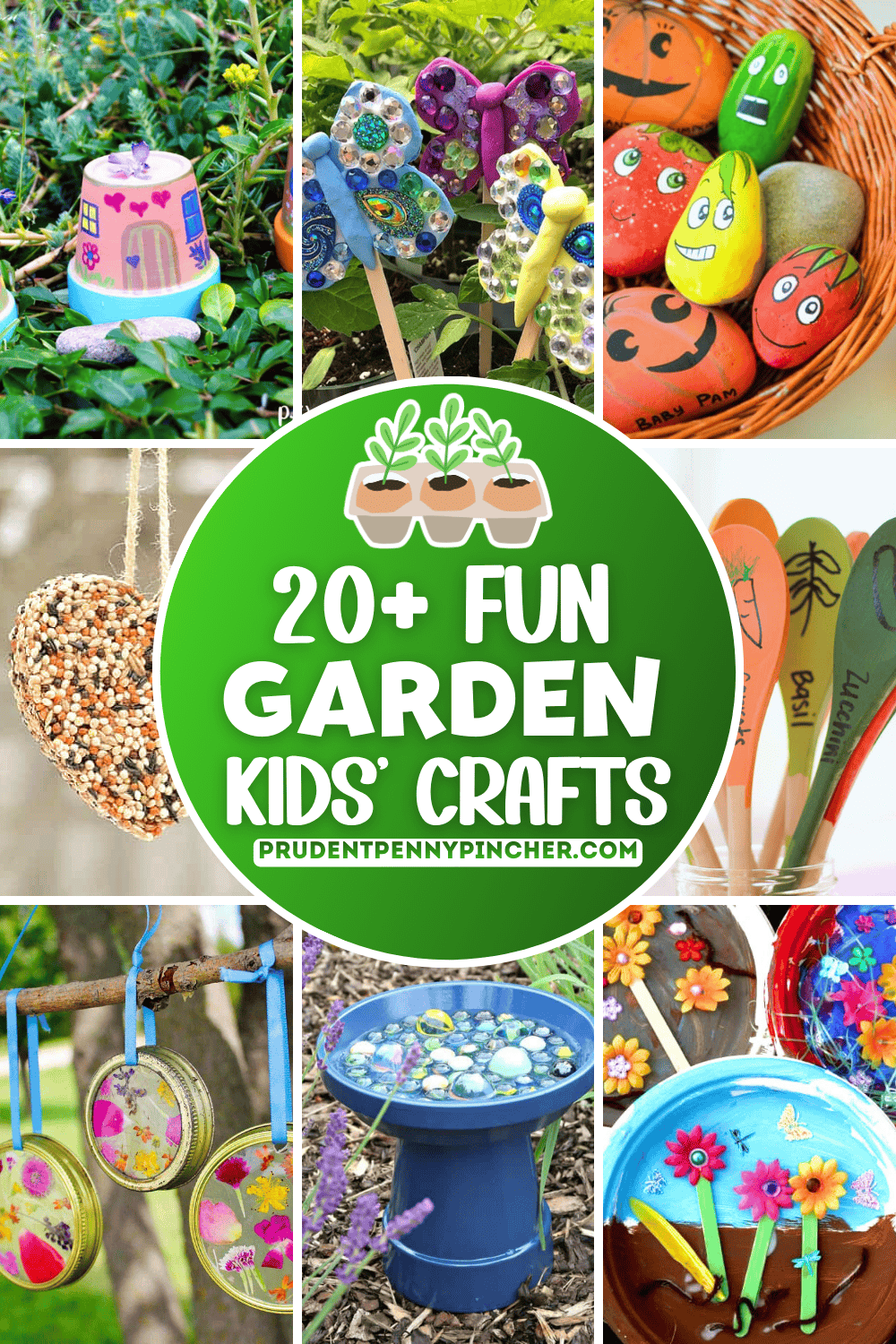 Garden crafts for kids collage featuring painted rocks, butterfly plant pokes, birdseed ornament, mason jar flower suncatchers, DIY birdbath, and painted spoon plant markers.