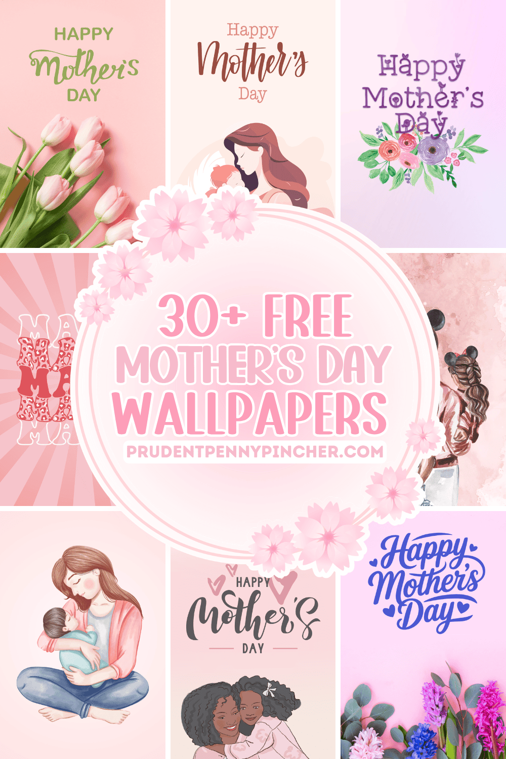 Mother’s Day phone wallpapers collage featuring pink aesthetic designs with flowers, hearts, and cute illustrations, including happy Mother’s Day text, watercolor florals, and mom-themed backgrounds in HD quality.