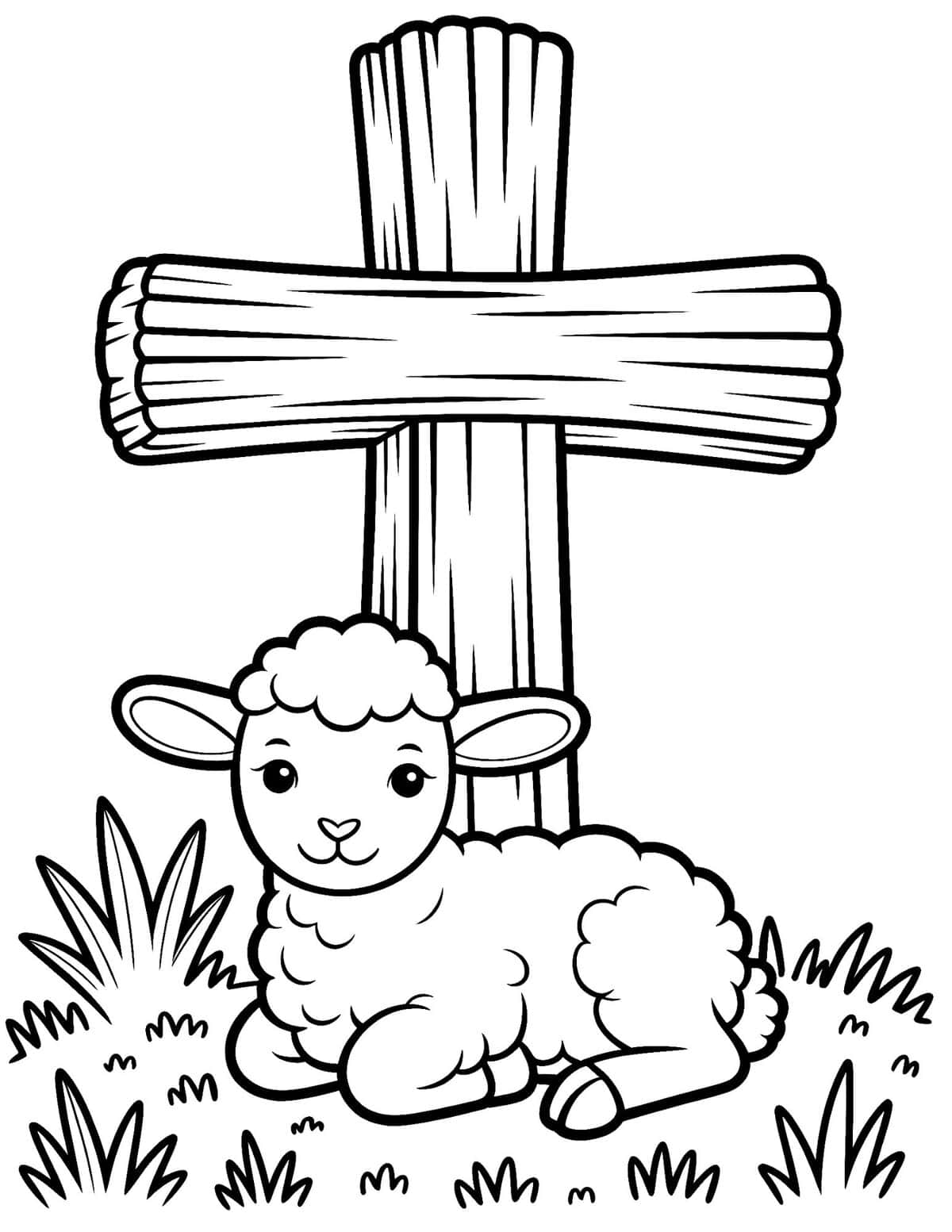 Cross and Lamb in the Meadow Religious Easter Coloring Page