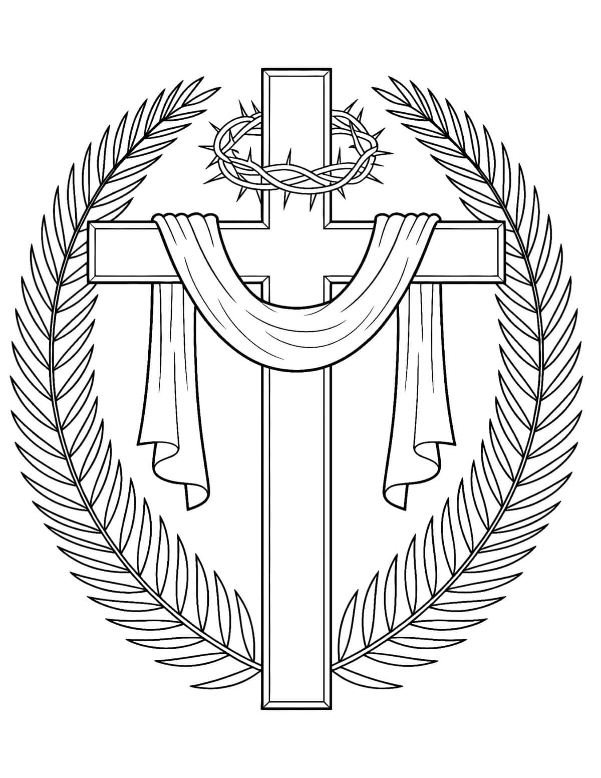 Cross with Crown of Thorns and Palm Branches