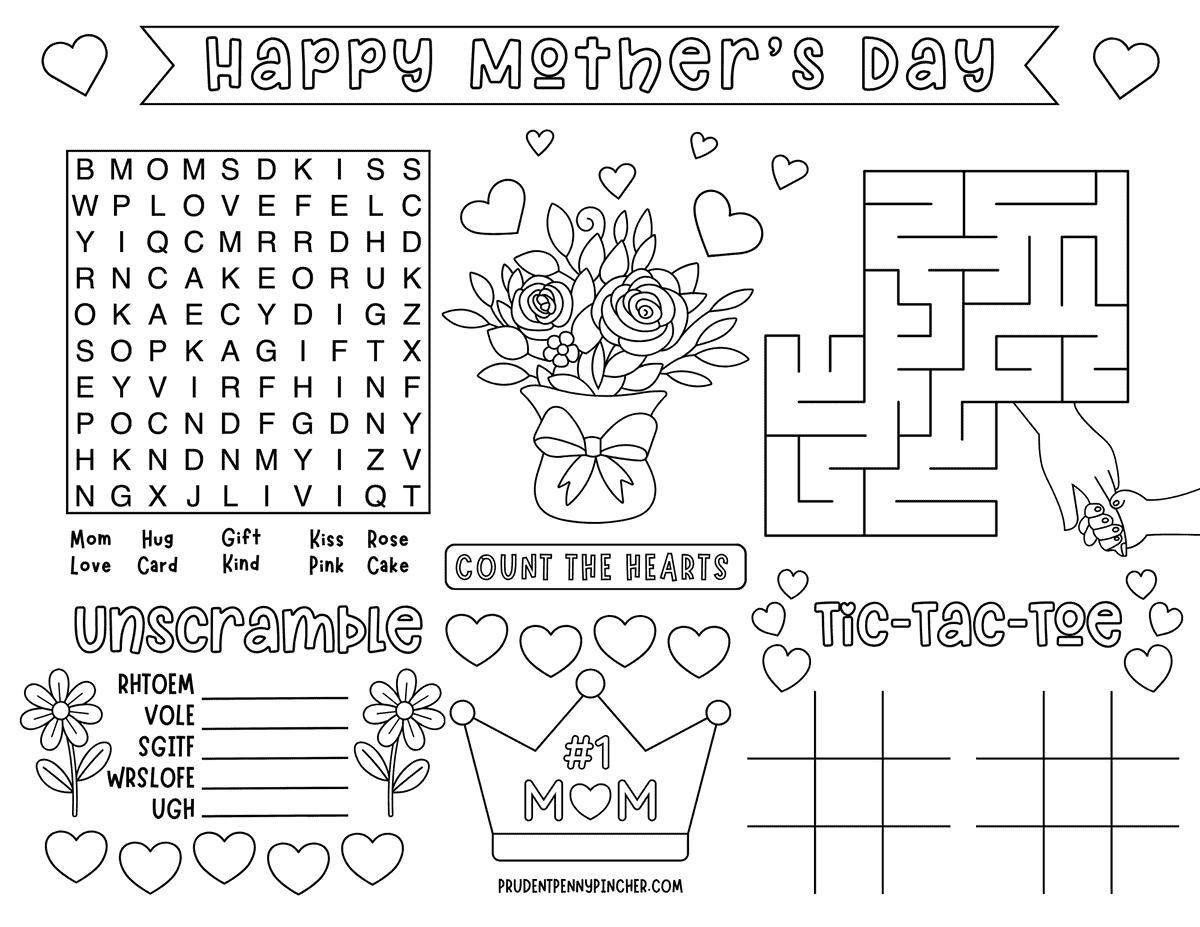 Mother's Day printable for kids with a word search, maze, word scramble, heart counting activity, tic-tac-toe boards, and cute coloring designs.