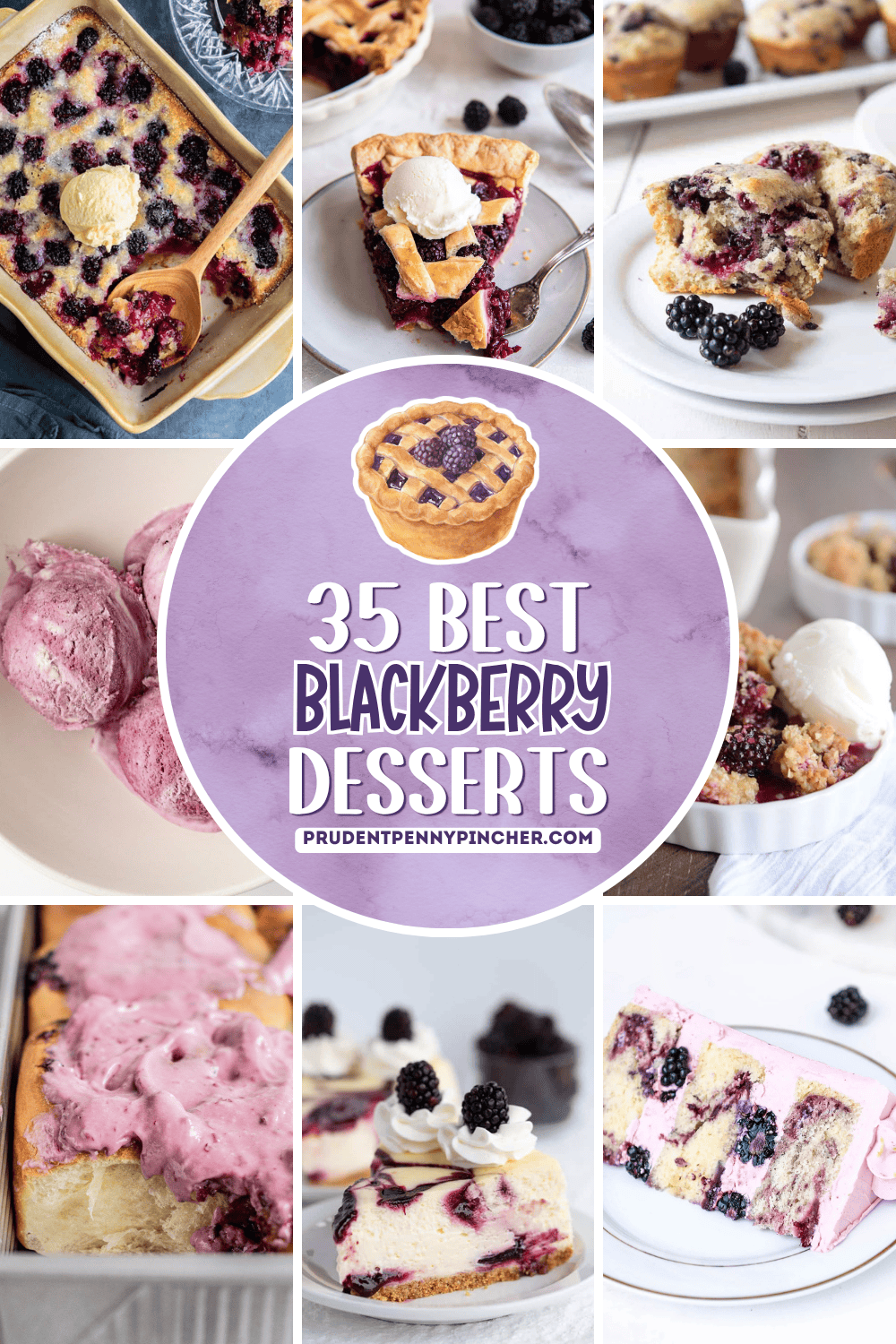 Collage of blackberry desserts including cobbler, pie, muffins, ice cream, crisp, sweet rolls, cheesecake, and cake.