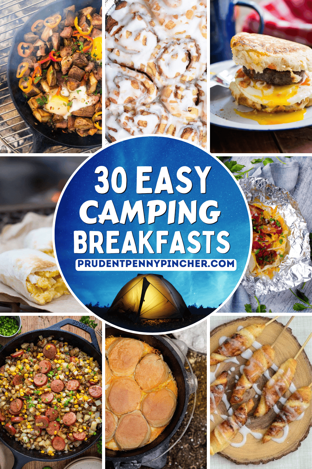 Camping breakfast ideas collage pin featuring skillet hash, cinnamon rolls, breakfast sandwich, breakfast burrito, foil packet eggs, campfire hash, Dutch oven biscuits, and campfire pastries
