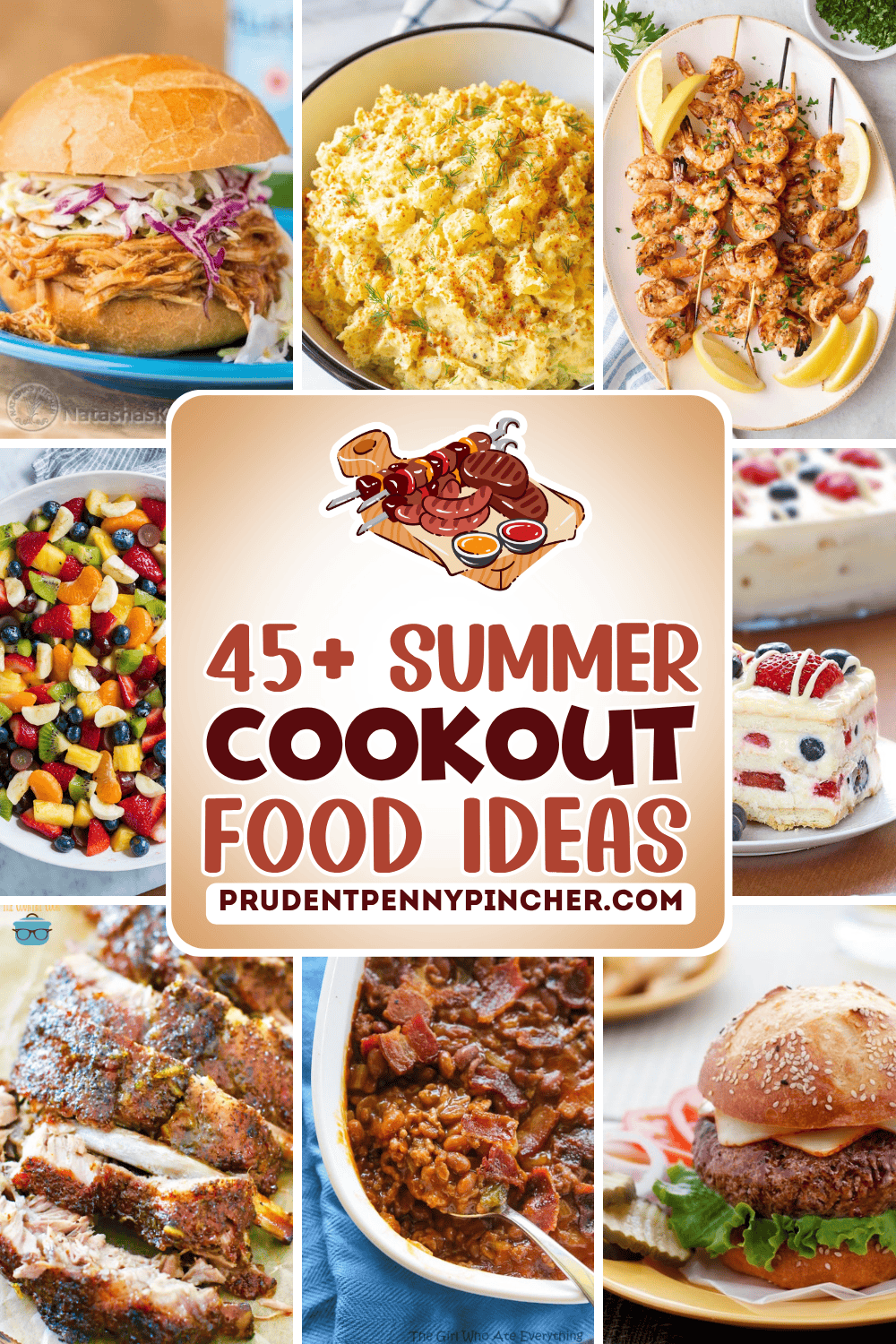 Summer cookout food ideas collage featuring BBQ chicken sandwich, potato salad, grilled shrimp skewers, fruit salad, layered berry dessert, ribs, baked beans, and a cheeseburger.