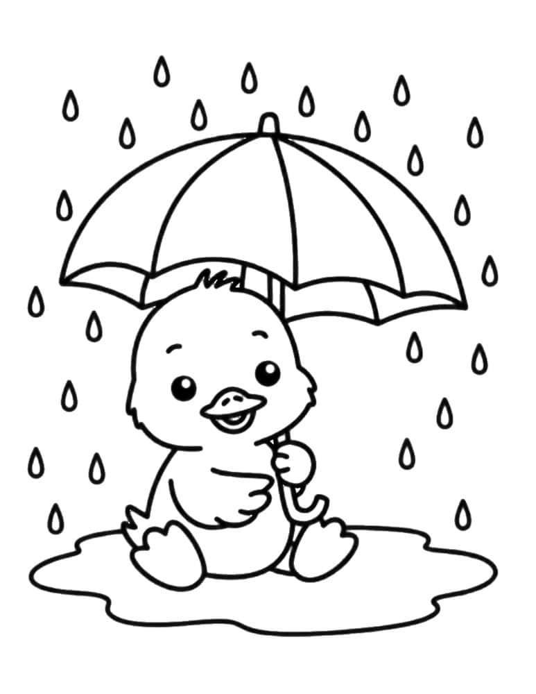Duckling holding umbrella in rain coloring page