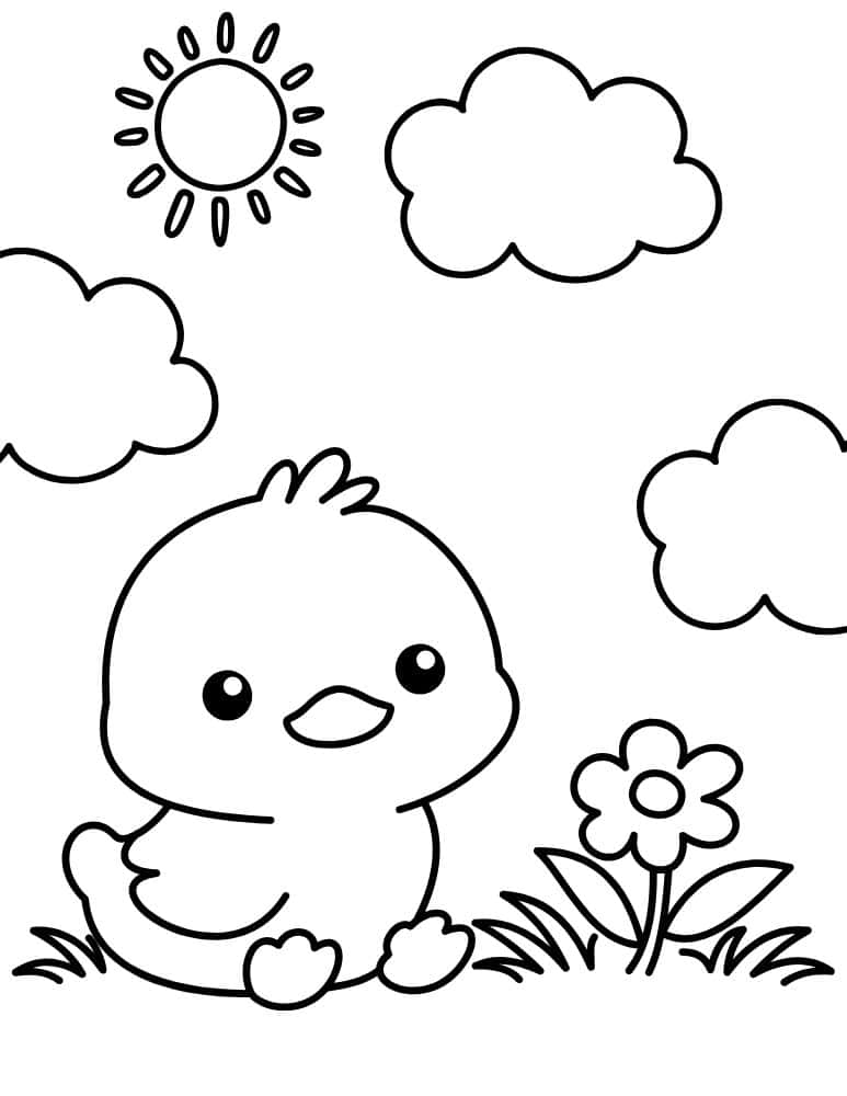 Cute duckling by flower and clouds coloring page