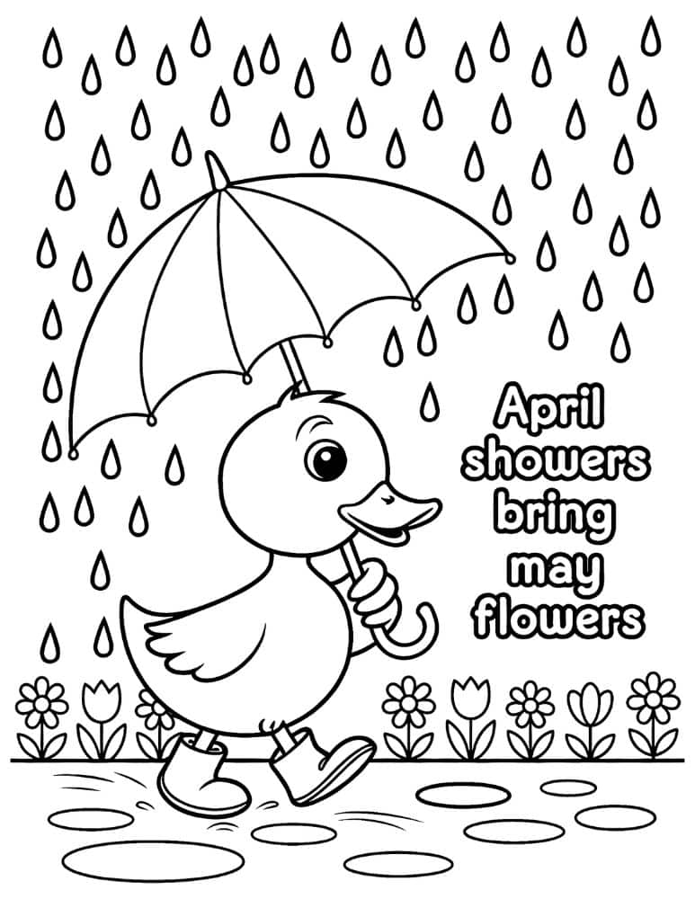 Duck in rain boots with umbrella spring coloring page